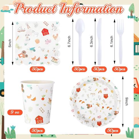 300 PCS Farm Animal Birthday Decoration ، Farm Animal Plates and Fedical Cups يقدم 50 ضيفًا ، مزارعًا يمكن التخلص منها تحت عنوان لتوفيات حفلات حفلات الزفاف استحمام الطفل in Kuwait