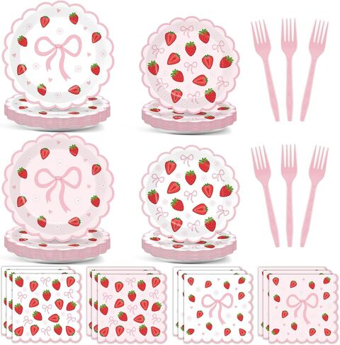 96Pcs Strawberry Party Plates and Napkins Bow Berry Sweet Scalloped Birthday Plates Party Supplies Pink Coquette Strawberry Tableware for Girls Baby Shower Wedding Birthday Decor 24 Guests in Saudi Arabia
