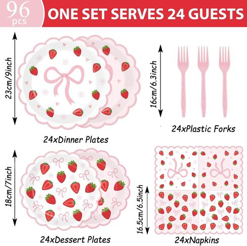 96Pcs Strawberry Party Plates and Napkins Bow Berry Sweet Scalloped Birthday Plates Party Supplies Pink Coquette Strawberry Tableware for Girls Baby Shower Wedding Birthday Decor 24 Guests in Saudi Arabia