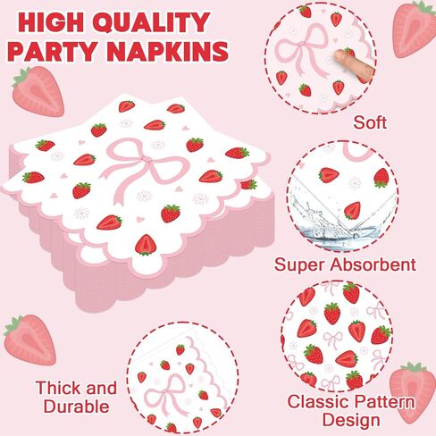 96Pcs Strawberry Party Plates and Napkins Bow Berry Sweet Scalloped Birthday Plates Party Supplies Pink Coquette Strawberry Tableware for Girls Baby Shower Wedding Birthday Decor 24 Guests in Saudi Arabia