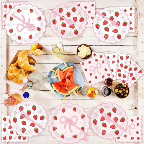 96Pcs Strawberry Party Plates and Napkins Bow Berry Sweet Scalloped Birthday Plates Party Supplies Pink Coquette Strawberry Tableware for Girls Baby Shower Wedding Birthday Decor 24 Guests in Saudi Arabia