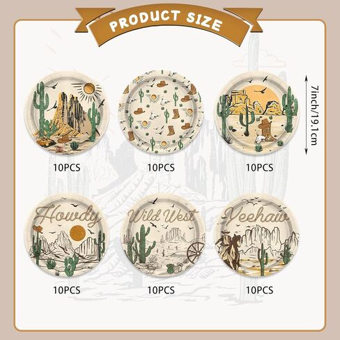 60 Pcs Western Cowboy Paper Plates 7 Inch, Rodeo Theme Birthday Party Decorations cowboy Party Supplies for Wild West Cowboy Rodeo Baby Shower party Supplies in Saudi Arabia