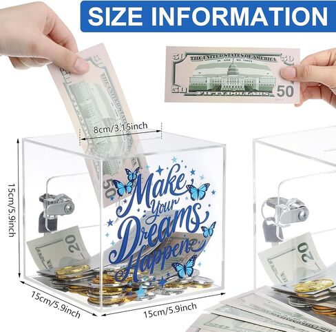 صندوق Honeydak Travel Bank Clear Piggy Bank مع قفل و Clear Acrylic Money Saving Box for Cash Coins Money Real (5.9 بوصة) in Kuwait