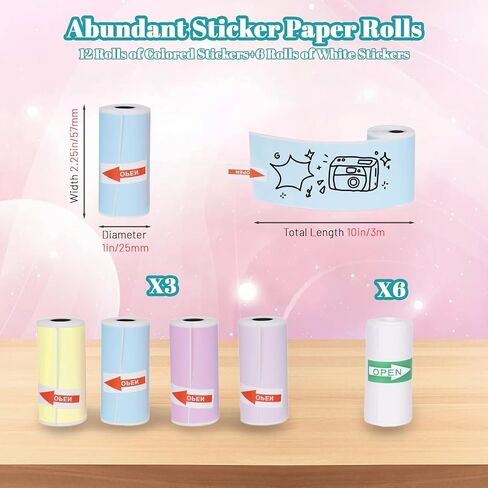 18 Rolls 57 x 25 mm Sticker Printer Paper,Self-Adhesive Compatible with Most Mini Portable Printers. Thermal Paper for Most Camera Paper Roll Refill(5 color) in Saudi Arabia