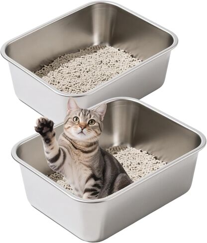 2 Pack Stainless Steel Cat Litter Box Large Metal Litter Pan Tray High Sided Cat Box, Pet Toilet Supplies for Indoor Cats Kitten Rabbit - Non Stick, No Smell, Easy to Clean - 17.72x13.78x5.91 Inch in Saudi Arabia