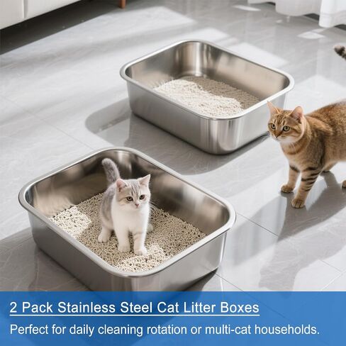 2 Pack Stainless Steel Cat Litter Box Large Metal Litter Pan Tray High Sided Cat Box, Pet Toilet Supplies for Indoor Cats Kitten Rabbit - Non Stick, No Smell, Easy to Clean - 17.72x13.78x5.91 Inch in Saudi Arabia