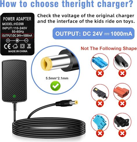 شاحن بطارية 24 فولت للأطفال ركوب على ألعاب السيارات Wrangler SUV ATV Mercedes Benz Quad Kid Trax Dynacraft Toy Car Kidzone Charger 24V Charger for Kids Electric Ride on Car Toys Power Adapter in Kuwait