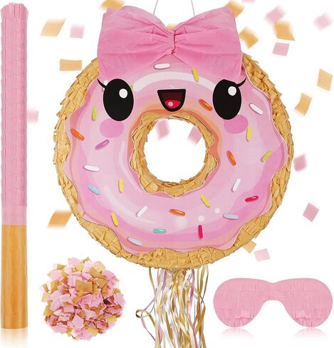 Zhanmai Pink Donut Pinata with String, Bat and Blindfold Multicolor Colorful Pinata for Reveal Shower Donut Grow up Theme Donut Party Birthday Anniversary Party Donut Baby Shower Decorations in Kuwait