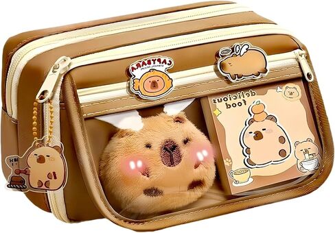Cute Capybara Pencil Case Capybara Stationery Comes with 20 Stickers 10-Color ballpoint pens 2 Clips Doll*1-Suitable for Storing Stationery 9-Layer Large-Capacity Storage Bag (Brown) in Saudi Arabia