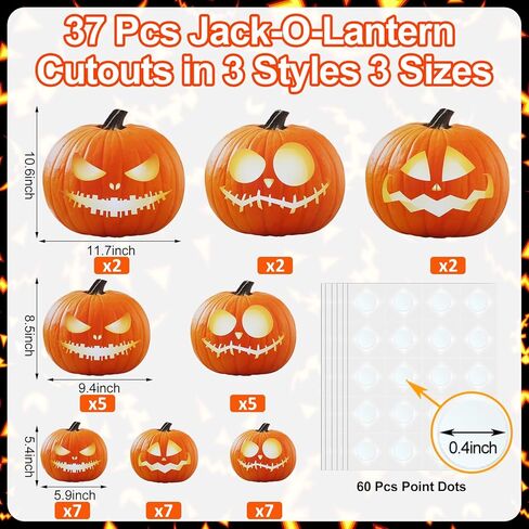Jetec 37 Pcs Halloween Pumpkin Cutouts 11.7" 9.4" 5.9" Jack-o-lantern Paper Cutouts Large Realistic Scary Pumpkin Decor with 60 Pcs Glue Point for Bulletin Board Decorations Craft Classroom Home Decor in Saudi Arabia