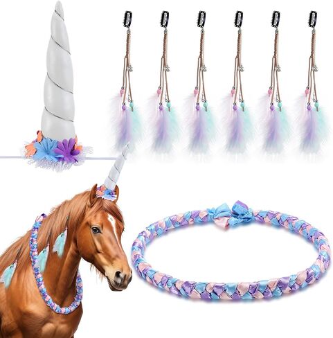 8 Pcs Halloween Horse Costumes for Horses to Wear, Unicorn Costume Kit, Include Neck Wreath & 6 Mane Feathers Clip in Hair Extensions Coat Care for Horse Halloween Party Decor in Saudi Arabia