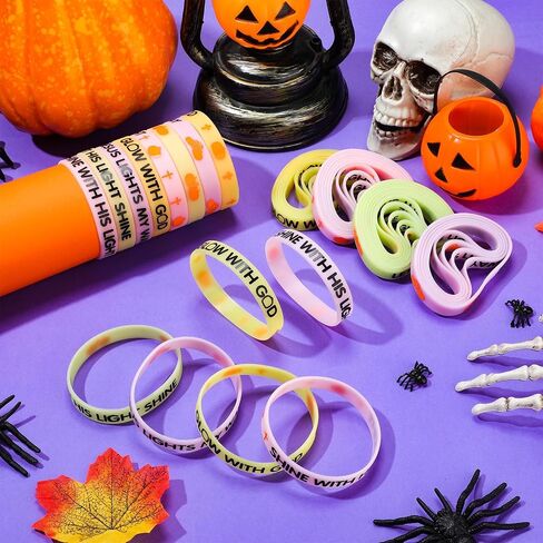 120 Pcs Halloween Christian Bracelets Glow in the Dark Bible Verse Silicone Bracelets Religious Jesus Pumpkin Cross Rubber Stretch Wristbands for Adults Church Party Supplies Gift Prize in Saudi Arabia