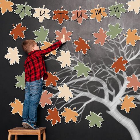 45 Pcs Fall Leaves Cutouts Boho Colored Maple Leaf Cut-Outs Autumn Paper Cutting with 100 Pcs Glue Points for DIY Crafts Thanksgiving Party Classroom Bulletin Board in Saudi Arabia