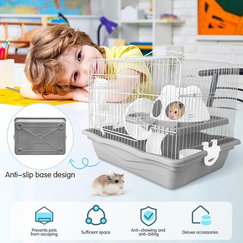 PINVNBY 2-Tier Dwarf Hamster Cage, Hamster Travel Cage Portable Mouse Cage with Running Exercise Wheels, Water Bottle and Food Dish for Hamster Mouse Rat 11.7 * 8.7 * 9.38 in (Blue in Saudi Arabia