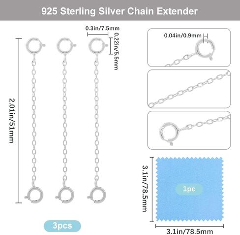 Beebeecraft 3Pcs 925 Sterling Silver Stamped Jewelry Chain Extender Double Spring Clasps Chain Extension with 1Pc Silver Polishing Cloth for Necklaces Bracelets Anklets 5.1cm/2.0in in Length in Saudi Arabia