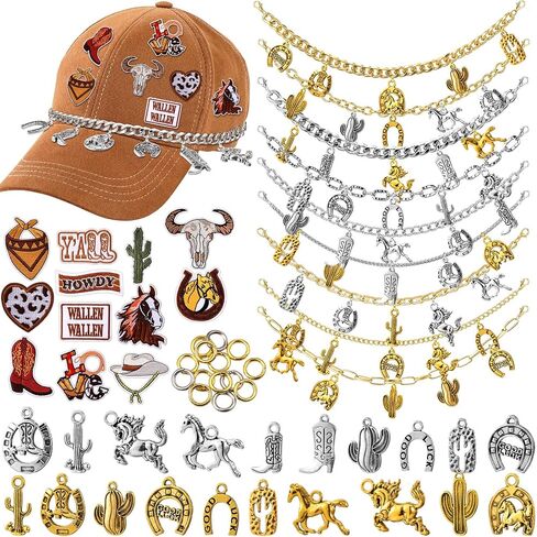 Geyoga 61 PCS سلاسل القبعات الشاحنة مع بقع سحر Western Cowboy Bill Decoration للنساء Man Western Trucket Hat Bling Metal Disachable DIY Bulk for Mesh Baseball Cap Caltull in Saudi Arabia