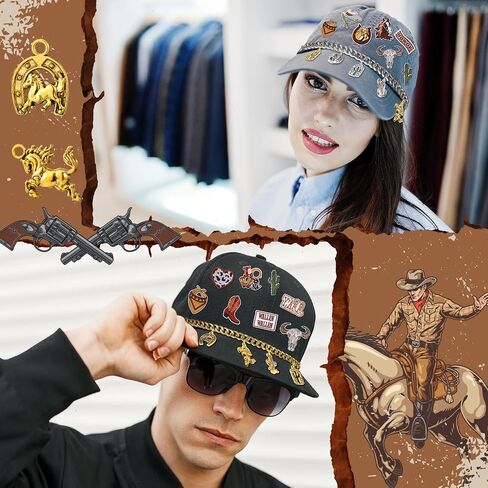 Geyoga 61 PCS سلاسل القبعات الشاحنة مع بقع سحر Western Cowboy Bill Decoration للنساء Man Western Trucket Hat Bling Metal Disachable DIY Bulk for Mesh Baseball Cap Caltull in Saudi Arabia