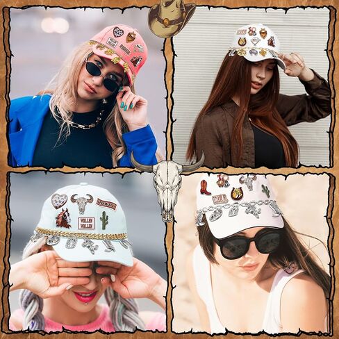 Geyoga 61 PCS سلاسل القبعات الشاحنة مع بقع سحر Western Cowboy Bill Decoration للنساء Man Western Trucket Hat Bling Metal Disachable DIY Bulk for Mesh Baseball Cap Caltull in Saudi Arabia