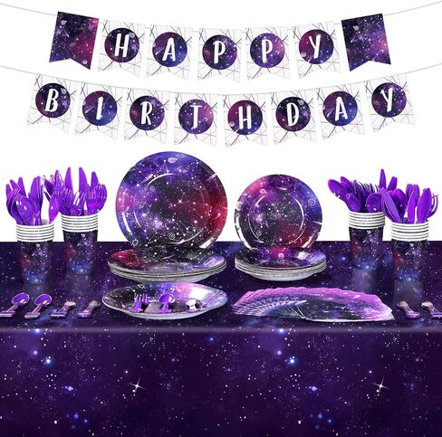 Tiamon 171 PCS Galaxy Space Party Decoration Set Set Space Space Decorty Decoration Galaxy Tableloth Paper Paper Lapkins ، Birthdy Banner for 24 Guesty Party Supplies (Style Style) in Saudi Arabia