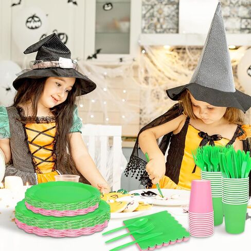 Whaline 350Pcs Halloween Witch Party Decorations Green and Pink Disposable Tableware Set Serves 50 Hocus Pocus Witch Princess Paper Plates Napkins Cups Plastic Knives Forks Spoons for Holiday Party in Saudi Arabia