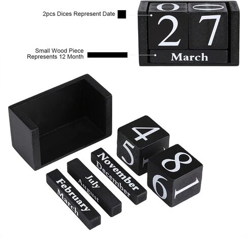 Wood Blocks Calendar, Wooden Desk Perpetual Calendar Vintage Month Date Number Display Cubes Wood Black Rustic Cute Decoration Calendar for Home Desktop Room Office Farmhouse in Saudi Arabia