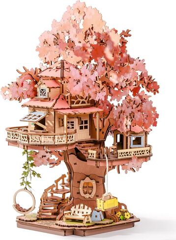 ROBOTIME DIY Miniature House Kits for Adults, 3D Wooden Puzzles for Teenager, Japanese Cherry Blossom Tree Sakura Bonsai Plants for Birthday Gifts and Hobbies (Sakura Tree House) in Saudi Arabia