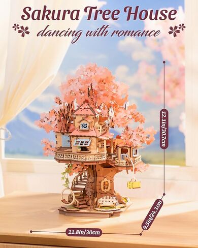 ROBOTIME DIY Miniature House Kits for Adults, 3D Wooden Puzzles for Teenager, Japanese Cherry Blossom Tree Sakura Bonsai Plants for Birthday Gifts and Hobbies (Sakura Tree House) in Saudi Arabia