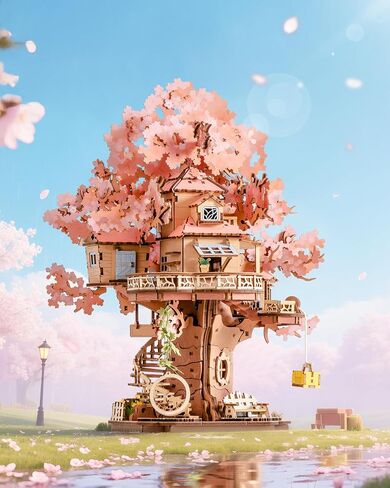 ROBOTIME DIY Miniature House Kits for Adults, 3D Wooden Puzzles for Teenager, Japanese Cherry Blossom Tree Sakura Bonsai Plants for Birthday Gifts and Hobbies (Sakura Tree House) in Saudi Arabia