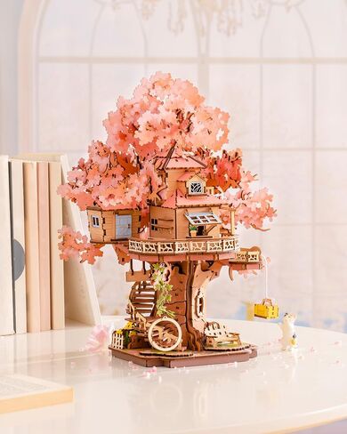 ROBOTIME DIY Miniature House Kits for Adults, 3D Wooden Puzzles for Teenager, Japanese Cherry Blossom Tree Sakura Bonsai Plants for Birthday Gifts and Hobbies (Sakura Tree House) in Saudi Arabia