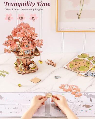ROBOTIME DIY Miniature House Kits for Adults, 3D Wooden Puzzles for Teenager, Japanese Cherry Blossom Tree Sakura Bonsai Plants for Birthday Gifts and Hobbies (Sakura Tree House) in Saudi Arabia