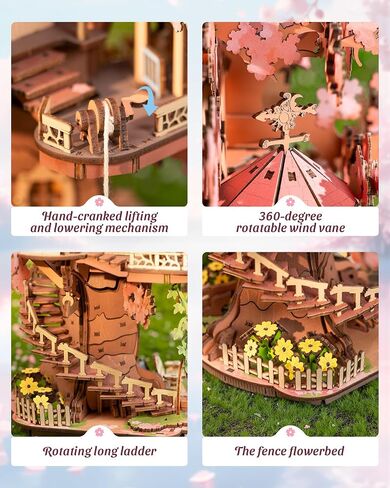 ROBOTIME DIY Miniature House Kits for Adults, 3D Wooden Puzzles for Teenager, Japanese Cherry Blossom Tree Sakura Bonsai Plants for Birthday Gifts and Hobbies (Sakura Tree House) in Saudi Arabia