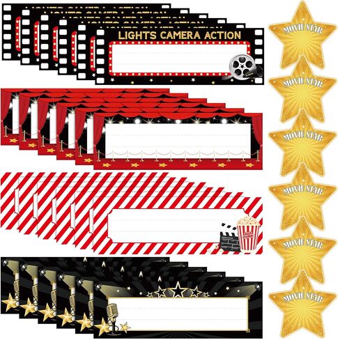 48 PCS Movie Movie Deske Complates with Star Cuts-Outs Selffroom Classroom Bulletin Board Poster Decoration Nametags for Classhors Office Halloween Movie Night Suppors Party Favors in Kuwait
