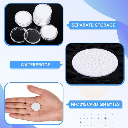 100 Pcs NFC 215 Round Cards with 100 Coin Card Protector Case Programmable 25mm Blank NFC215 Coin Tags Compatible with Most NFC Phones and Devices, with Large Storage Box in Kuwait