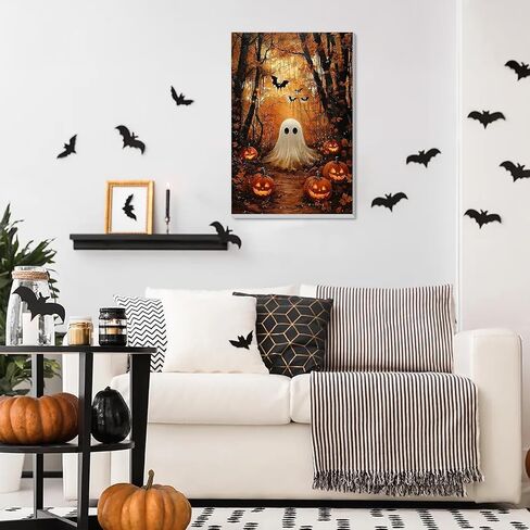 Domrom Framed Paint by Numbers kit للمبتدئين البالغين مع الحامل الخشبي ، شبح الهالوين وطلاء اليقطين بواسطة مجموعة أرقام على القماش ، وأطقم الطلاء بالزيت DIY لديكور الجدار المنزلي هدية 8x12in in Kuwait