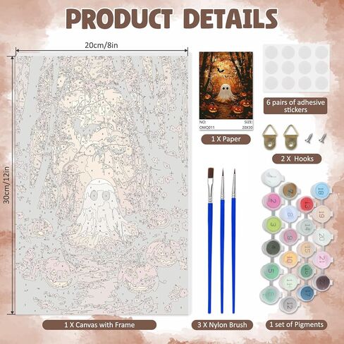 Domrom Framed Paint by Numbers kit للمبتدئين البالغين مع الحامل الخشبي ، شبح الهالوين وطلاء اليقطين بواسطة مجموعة أرقام على القماش ، وأطقم الطلاء بالزيت DIY لديكور الجدار المنزلي هدية 8x12in in Kuwait