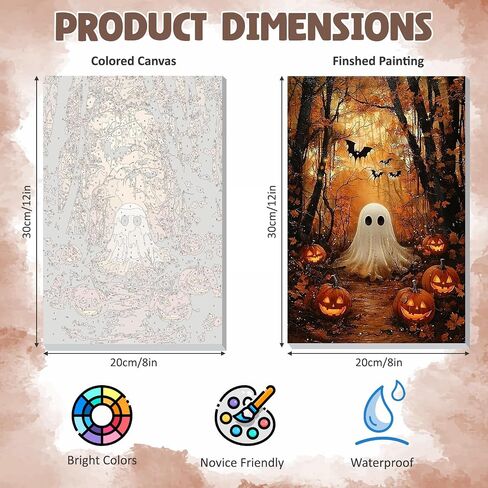 Domrom Framed Paint by Numbers kit للمبتدئين البالغين مع الحامل الخشبي ، شبح الهالوين وطلاء اليقطين بواسطة مجموعة أرقام على القماش ، وأطقم الطلاء بالزيت DIY لديكور الجدار المنزلي هدية 8x12in in Kuwait