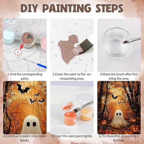 Domrom Framed Paint by Numbers kit للمبتدئين البالغين مع الحامل الخشبي ، شبح الهالوين وطلاء اليقطين بواسطة مجموعة أرقام على القماش ، وأطقم الطلاء بالزيت DIY لديكور الجدار المنزلي هدية 8x12in in Kuwait
