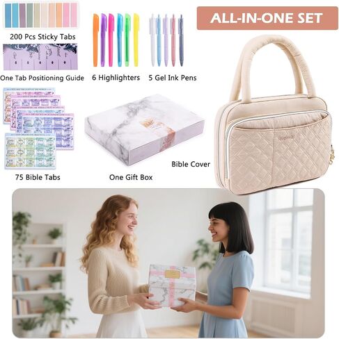 Quilted Bible Cover with Highlighters & Bible Tabs – Book Carrier Case for Women - Gift Box Ready - Book Holder with Pockets for Bible Study Supplies in Saudi Arabia
