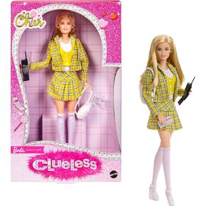 دمية Barbie Signature و Clueless Cher قابلة للتحصيل في بدلة منقوشة صفراء مع حقيبة ظهر والهاتف الخلوي وملحقات تصريح المتعلم in Kuwait
