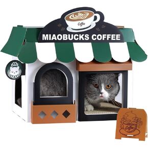 Cardboard Cat House with Scratcher – Coffee Shop Design, 19''L x16''W x15''H, Indoor/Outdoor Cat Playhouse & Hideout, Corrugated Cat Scratch Toy for Cats up to 22 lbs, Small Pets, Cute Home Decor Gift in Saudi Arabia