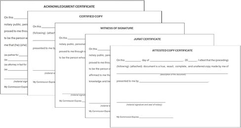 Jurat, Acknowledgment, Attested, Witness, and Certified - Set of 5 Notary Certificates in Saudi Arabia