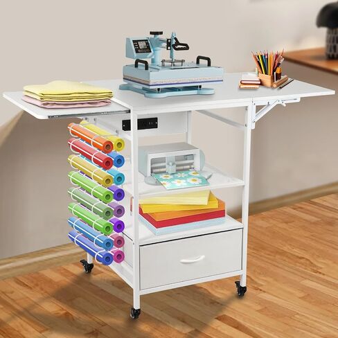 3 Tier Movable Heat Press Table, Foldable Heat Transfer Machine Stand with Vinyl Roll Holders, Rolling Craft Table with Charging Station for DIY Sublimation T-Shirts Hats Caps Transfer Machine Printer in Saudi Arabia