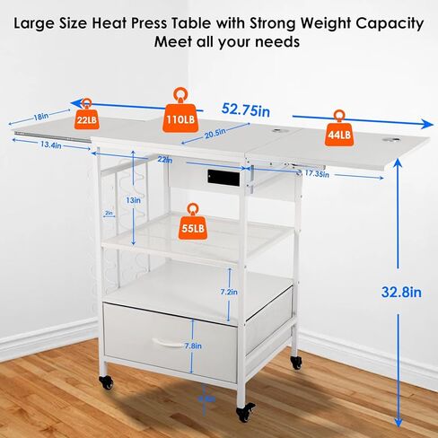 3 Tier Movable Heat Press Table, Foldable Heat Transfer Machine Stand with Vinyl Roll Holders, Rolling Craft Table with Charging Station for DIY Sublimation T-Shirts Hats Caps Transfer Machine Printer in Saudi Arabia