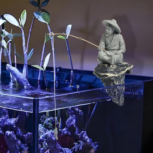 LIYAOLI Mini Fisherman Statue for Aquarium Decor - Sandstone Japanese Fishing Figurine, Fish Tank Ornament, Zen Garden Sculpture & Home Decoration in Saudi Arabia