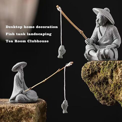 LIYAOLI Mini Fisherman Statue for Aquarium Decor - Sandstone Japanese Fishing Figurine, Fish Tank Ornament, Zen Garden Sculpture & Home Decoration in Saudi Arabia