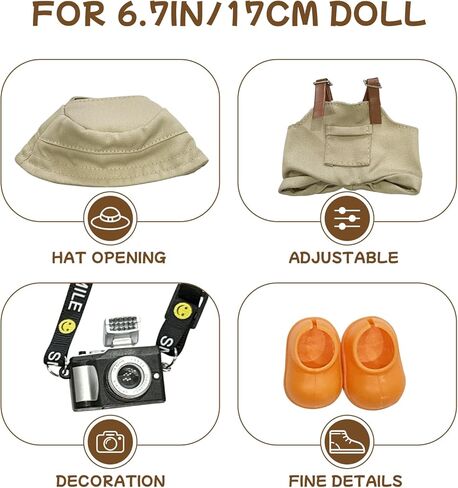 17cm Light Purple Outfit Set (Doll Not Included) - Bucket Hat, Overalls Shorts, Mini Camera & Shoes, Cute Style for 17cm Doll Dress-up(Purple SC) in Saudi Arabia