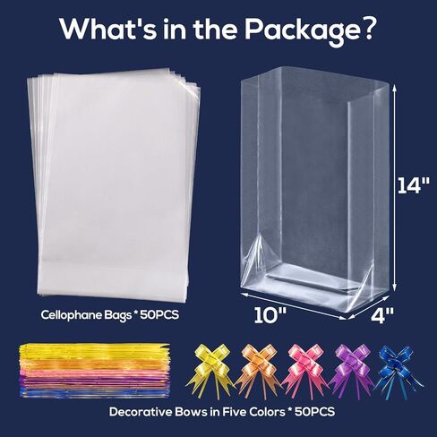 EASYYOURHOME 50PCS Gift Wrap Cellophane Goodie Bags with Bottom, Clear Plastic Treat Bags for Packaging Gift Candy Dessert Snack Cookie Chocolate Party Favor with 50 Decorative Bows(6 * 9inch) in Saudi Arabia