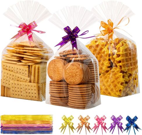 EASYYOURHOME 50PCS Gift Wrap Cellophane Goodie Bags with Bottom, Clear Plastic Treat Bags for Packaging Gift Candy Dessert Snack Cookie Chocolate Party Favor with 50 Decorative Bows(6 * 9inch) in Saudi Arabia