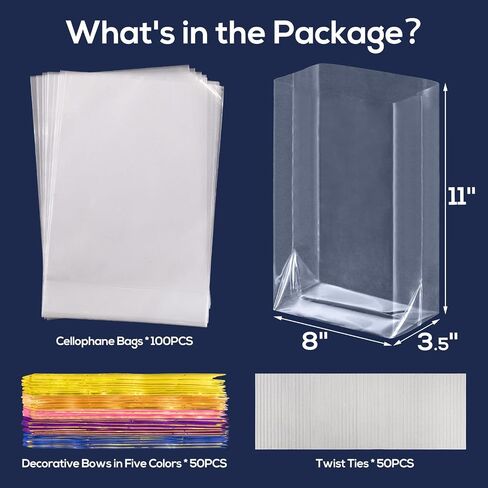 EASYYOURHOME 50PCS Gift Wrap Cellophane Goodie Bags with Bottom, Clear Plastic Treat Bags for Packaging Gift Candy Dessert Snack Cookie Chocolate Party Favor with 50 Decorative Bows(6 * 9inch) in Saudi Arabia
