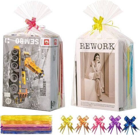 EASYYOURHOME 50PCS Gift Wrap Cellophane Goodie Bags with Bottom, Clear Plastic Treat Bags for Packaging Gift Candy Dessert Snack Cookie Chocolate Party Favor with 50 Decorative Bows(6 * 9inch) in Saudi Arabia